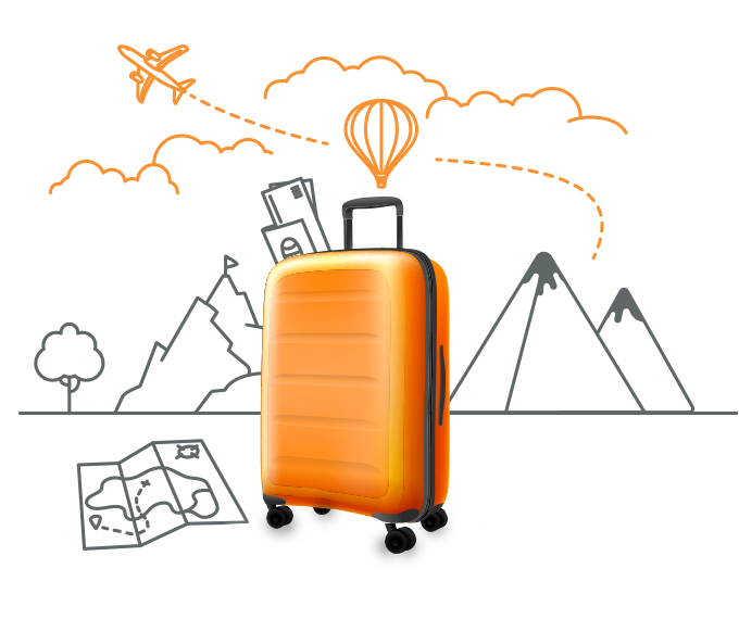 orange hard shell luggage with travel iconography in the background